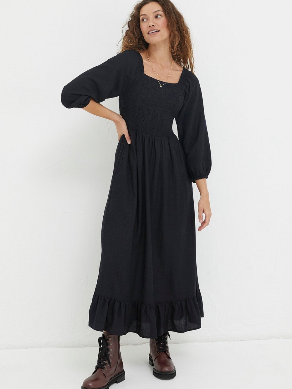FatFace Women's Adele Midi Dress black puff sleeves